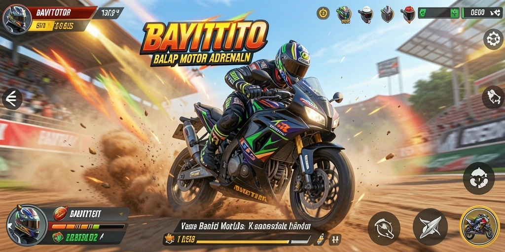 Screenshot utama memperlihatkan aksi balapan motor yang mendebarkan.