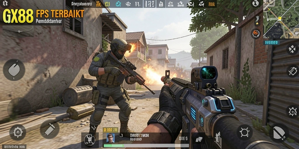 Screenshot GX88 menunjukkan aksi mendebarkan dalam pertempuran FPS.