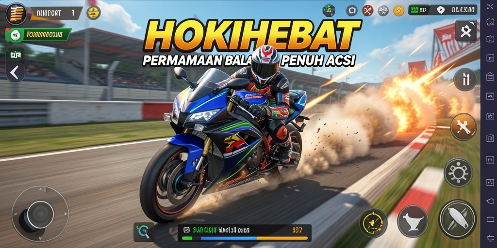 Tampilan gameplay HOKIHEBAT menampilkan balapan motor yang seru dan penuh aksi.