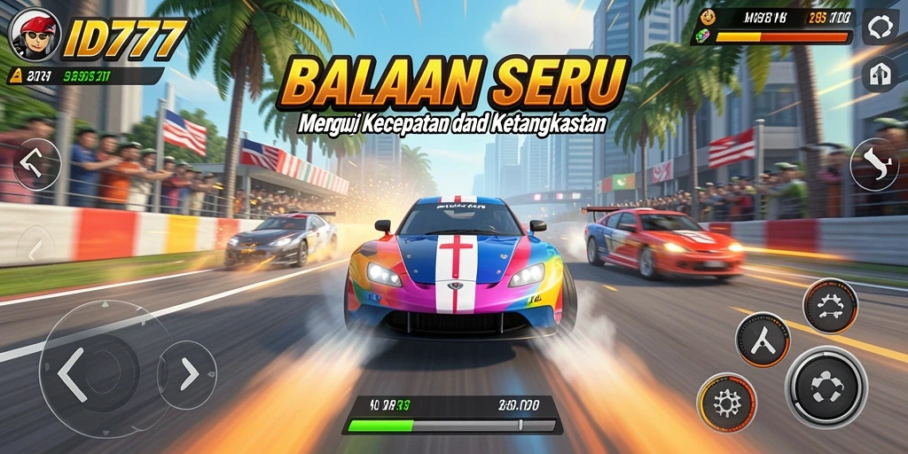 Screenshot gameplay ID777 menampilkan aksi balapan yang seru dengan grafis menawan.