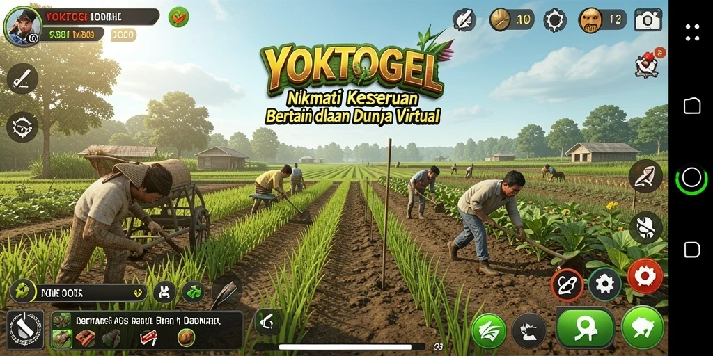 Screenshot gameplay YOKTOGEL menampilkan pertanian yang subur dan berbagai aktivitas bertani.
