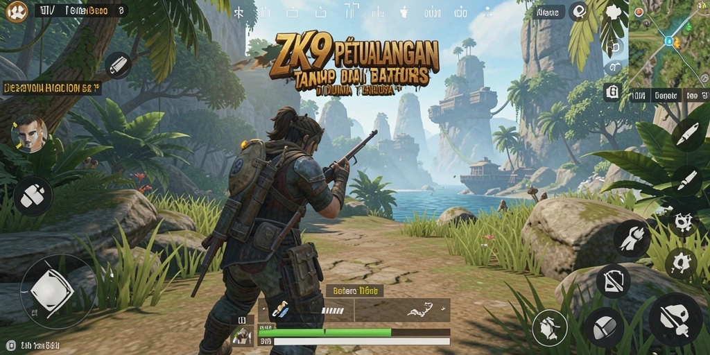Screenshot gameplay ZK9 menampilkan petualangan di dunia terbuka yang luas.